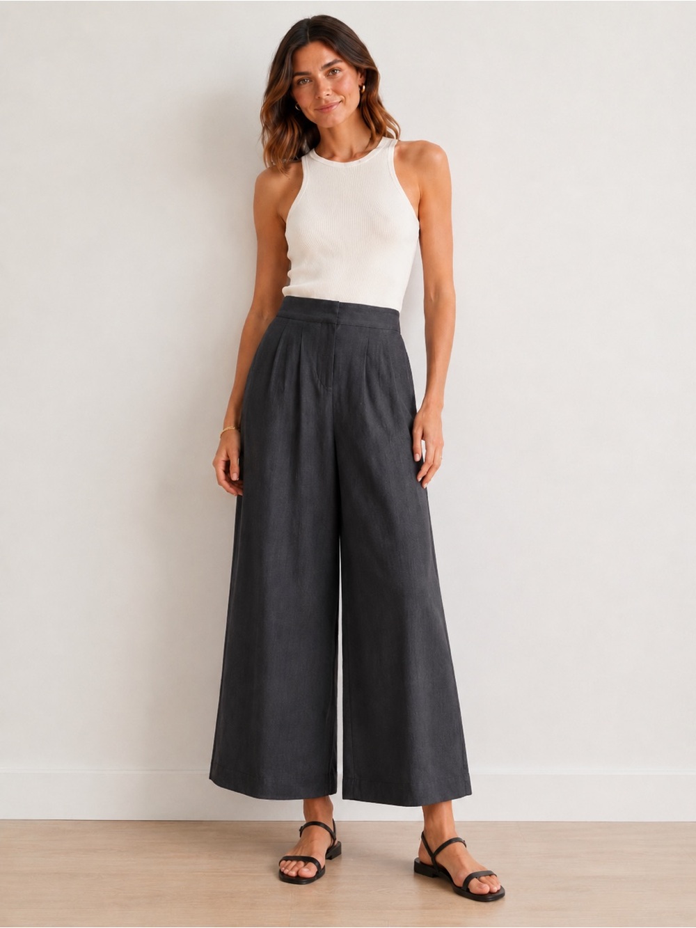 Magaschoni 100% Linen Wide Leg Cropped Pants – Charcoal Gray – XS